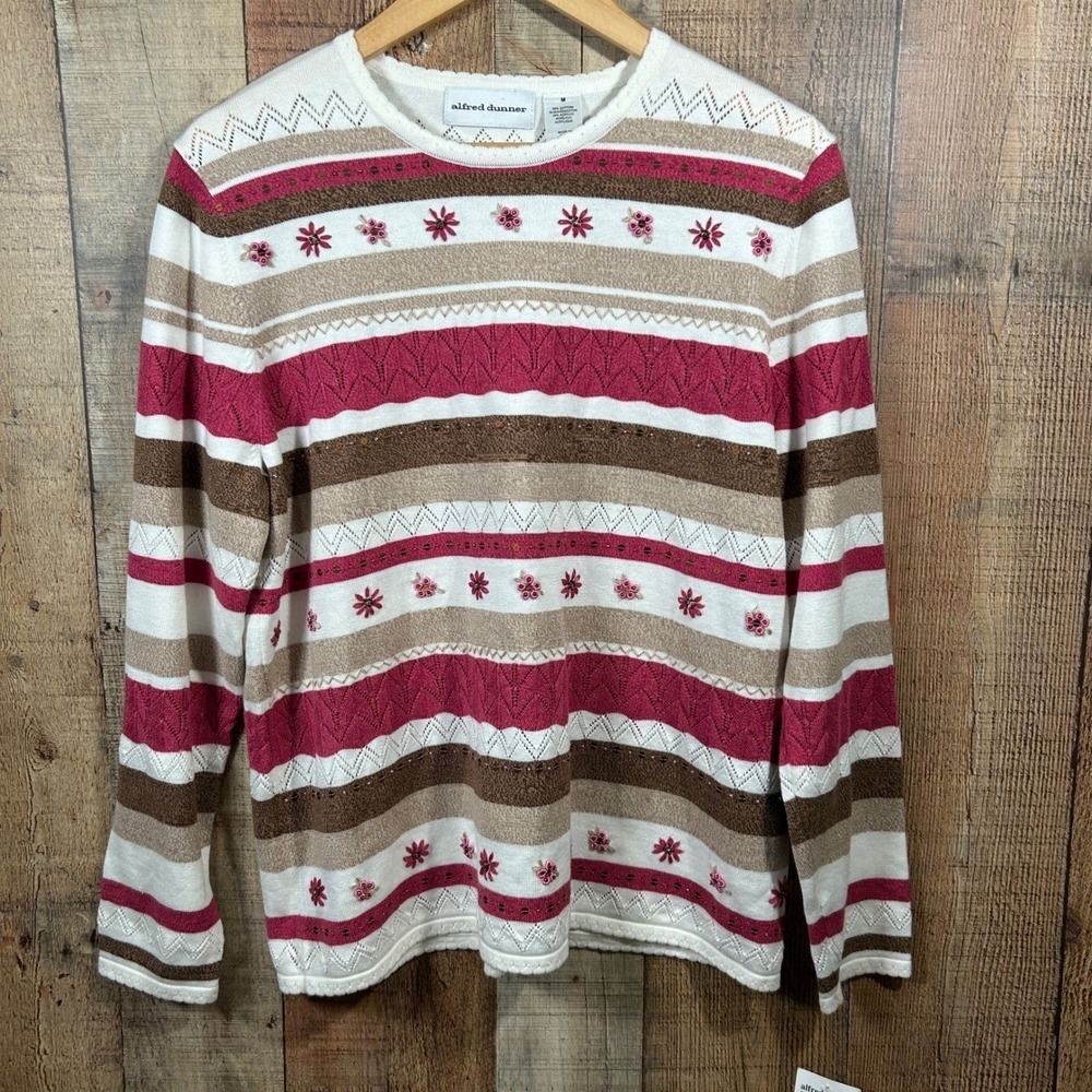 Alfred Dunner Floral Embroidered Sweater Medium NWT Beaded Knit Cottagecore